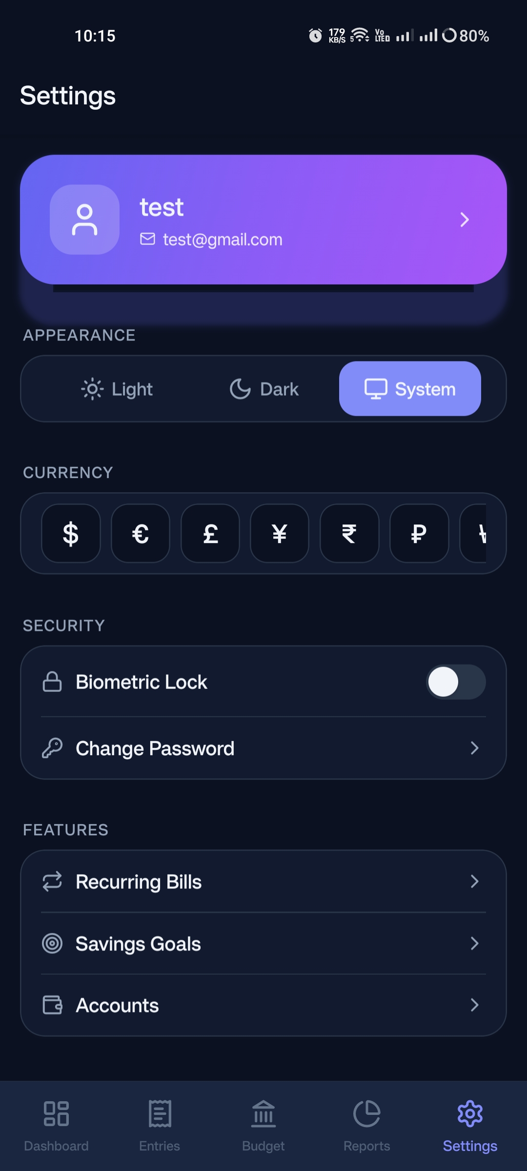 Settings screen